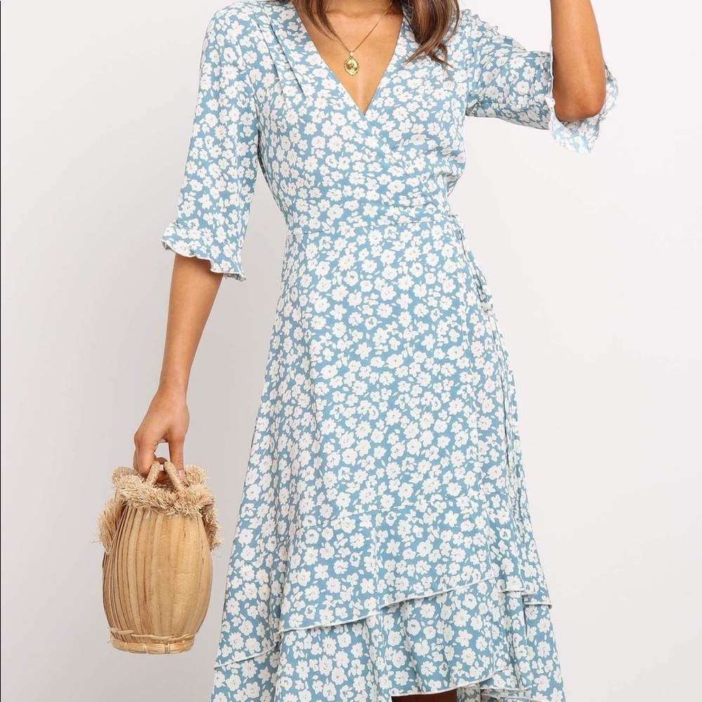 Blue and white floral Petal and Pup midi wrap dress